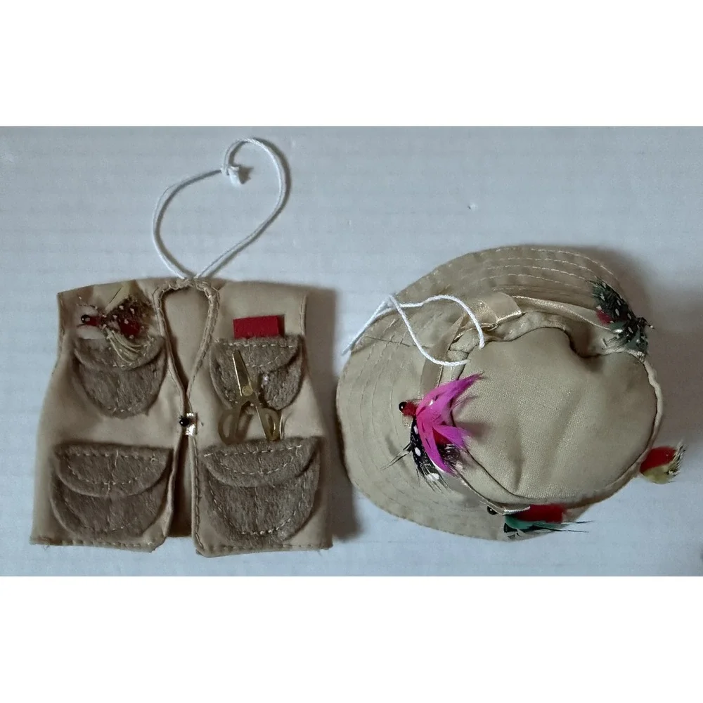 Fly Fishing Vest &‎ Hat - Christmas Ornaments - Lot of 2